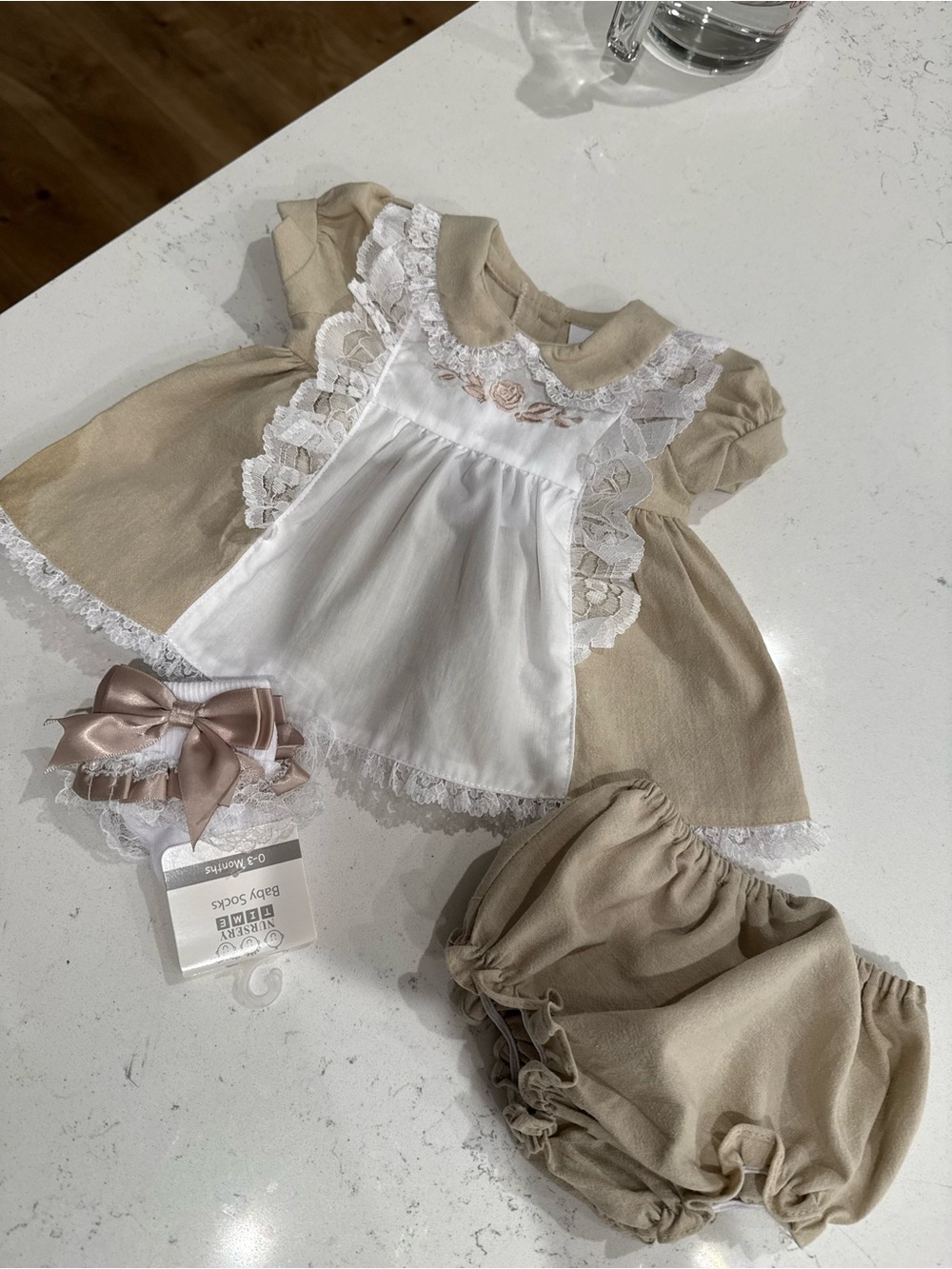 Little Me Beige and White Lace Dress with Bloomers